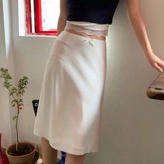 Lunivop  Deeptown Elegant White Women Satin Skirt Fairycore Ruffle Mid Skirts Coquette A-line Basic Casual Korean Style Summer Silk Skirt