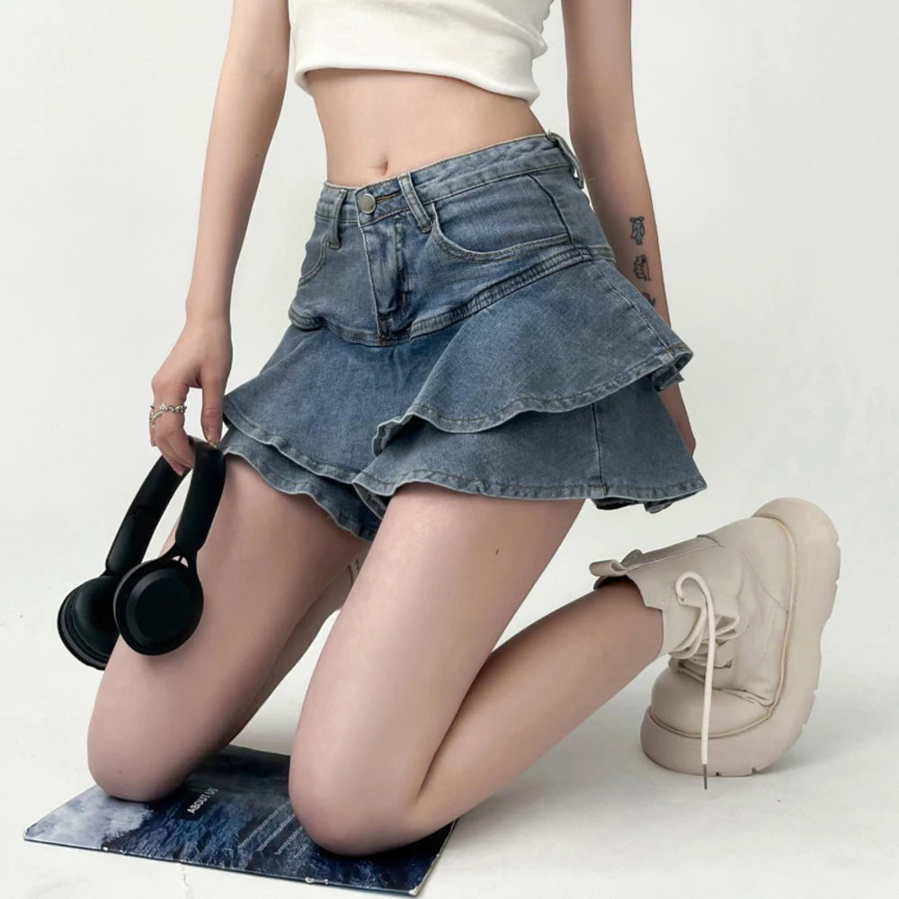 Lunivop Vintage Denim Skirt Shorts Women Summer Korean Fashion High Waist A-line Wash Blue Slim Cute Sexy Mini Jeans Ruffle Skirt Female