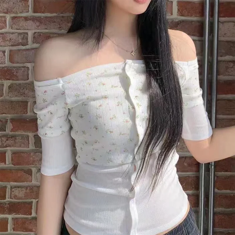 Lunivop Vintage Fake Two Piece Buttoned Cardigan T-shirts Y2k Slim Floral Print Tops Women Off Shoulder Short Sleeve Tee Shirt