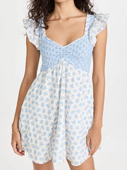 Lunivop  Sexy White Blue Flower Print Ruffle Strap Mini Dress V neck Ruched Elastic Chest Corset Sleeveless Short Tank Robe Holiday Woman