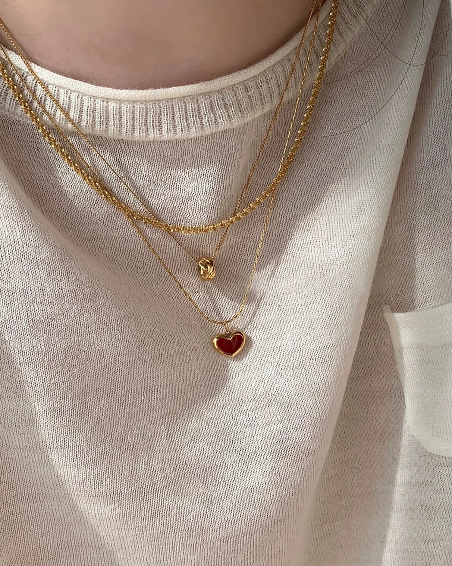 Lunivop Korean Trendy Red Heart Pendant Golden Stainless Steel Necklace for Women Sweet Elegant Niche Design Party Jewelry Wedding Gifts