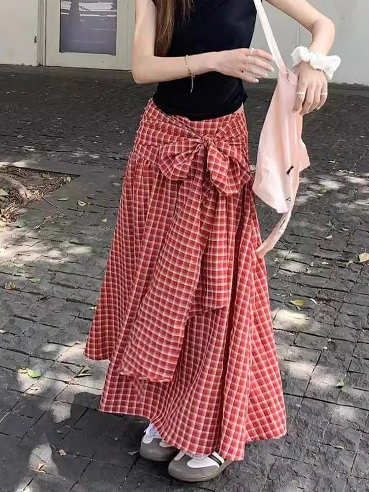 Lunivop  Vintage Red Plaid Long Skirts Women Sweet Bow High Waist A Line Skirt Vintage Korean Loose Casual Design Female Skirt New