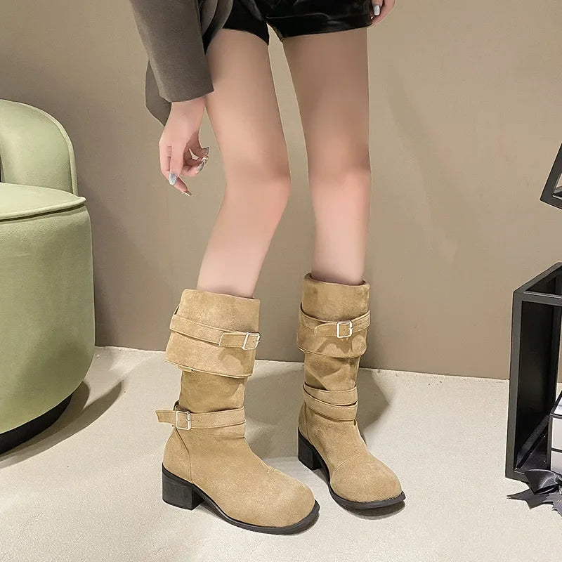 Lunivop New Fashion Suede Women Western Cowgirl Boots Designer Buckle Slip on Long Boots Square Thick Heels Cowboy Boots Female Shoes