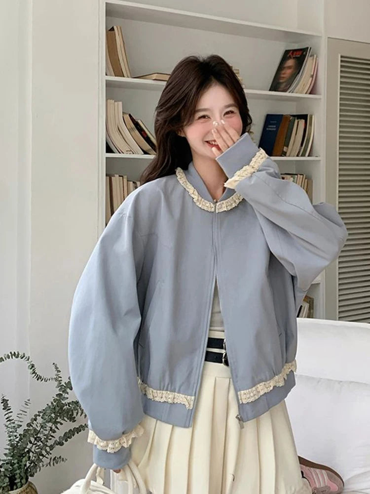 Lunivop Lace Patchwork Sweet Jacket Women Loose Vintage Preppy Style Cute Coat Female Long Sleeve Korean Retro O Neck Tops Outwear