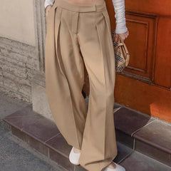 Lunivop  BKLD Fashion Suit Trousers For Women Temperament Khaki High-waist Pockets Folds Versatile Casual Straight Pants Retro Streetwear