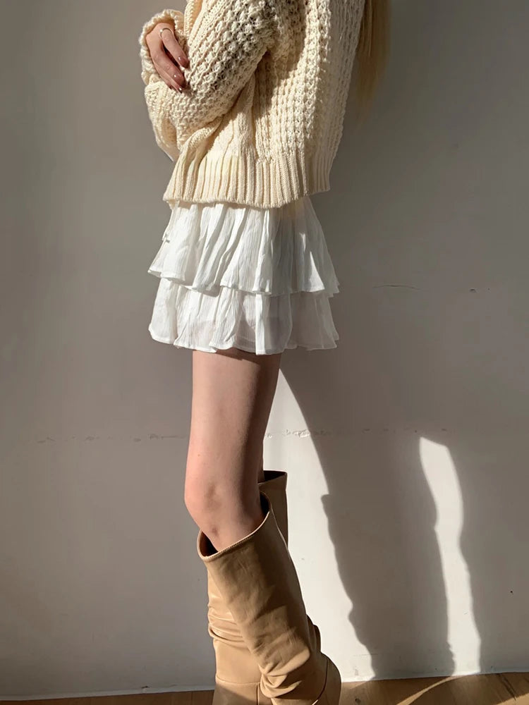 Lunivop White Skirt Chic French Cake Layered Cute Hemline High Waist Elastic Double Pleated Waist Slimming Mini Skirt Korean Style Y2k