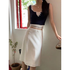 Lunivop  Deeptown Elegant White Women Satin Skirt Fairycore Ruffle Mid Skirts Coquette A-line Basic Casual Korean Style Summer Silk Skirt