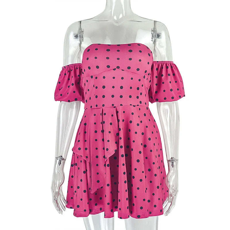 Lunivop  Contrasting Dot Printed Off-shoulder Strapless Sexy Ruched Puff Sleeved High Waist Mini Dress Women's Casual Party Vestidos