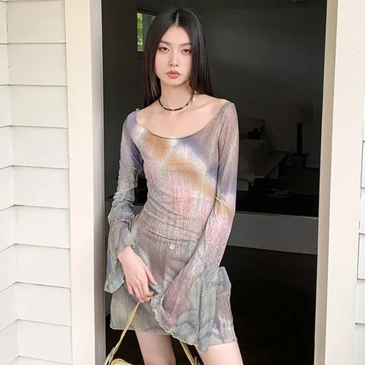 Lunivop  Tie-dye Pink Print O-nreck T-shirt for Women Mesh Long Sleeve Slim Fit Tops Mujer 2025 Summer New Bottoming Tee Shirt