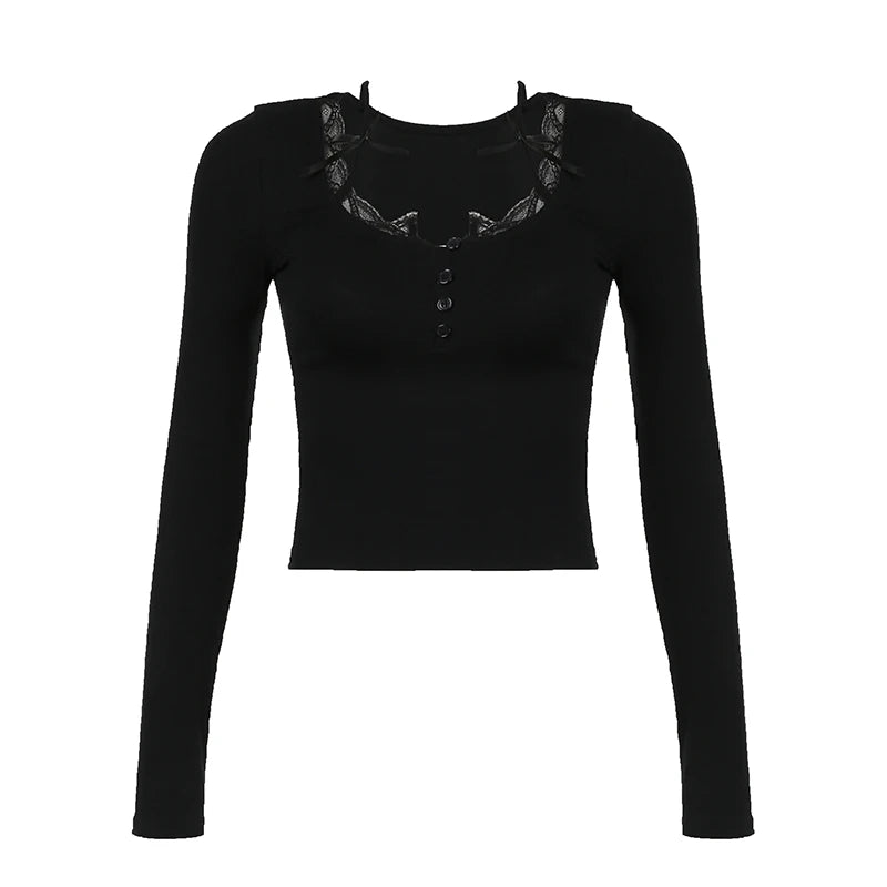 Lunivop  Solid Bow Stitching Square Collar T-shirt Korean Fashion Women's Cropped Top Casual Full Sleeve Skinny Tee y2k Aesthetic