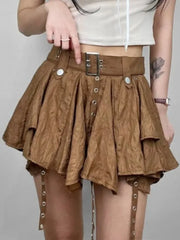 Lunivop Women Crumpled Layer Mini Skirt with Belt Strap Elastic Back Asymmetrical Short Skirt Grunge e-Girl Y2K Acubi Outfit