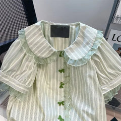 Lunivop  Gentle Sweet Striped Peter Pan Collar Blouses Summer Fresh Green Puff Sleeve Shirts Women Y2k Grunge Bow Button Blusas Mujer