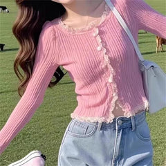 Lunivop  Korean Fashion Lace Spring New Knitted Sweater Cardigan Short Slim Lace Long-sleeved Basic Top Pink Cardigan Clothes Tops