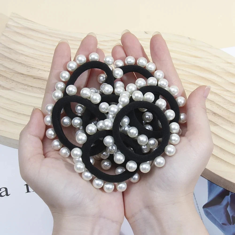 Lunivop  3Pcs/lot Girls Pearls Black Ponytail Hair Rubber Bands for Woman Simple Elastic Headbands Sports Headwear Accessories Wholesale