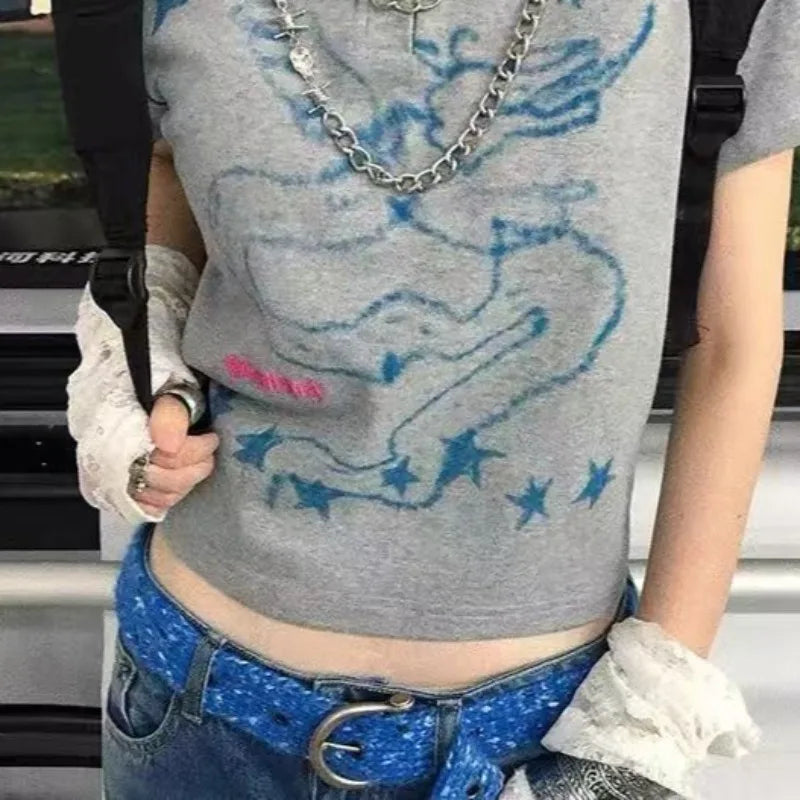 Lunivop  Women T Shirts Vintage Turn Down Collar Graffiti Printed Slim Y2k Crop Tops Summer Fashion Gothic Female Casual Tshirt