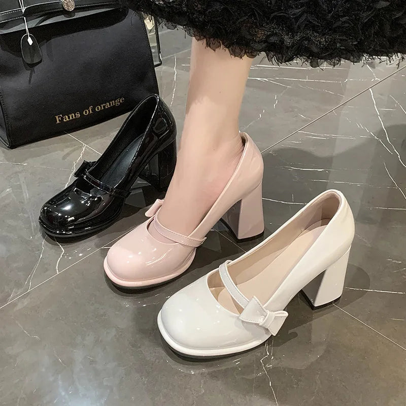 Lunivop Elegant Heel Shoes Ladies 8cm High Heel Bowknot Solid Mary Jane Zapatos Adult Dress Pink White Black Cosplay Footwear