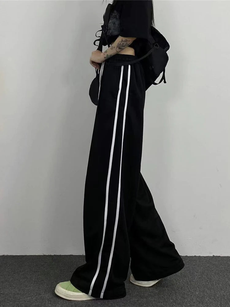 Lunivop  Streetwear Loose Striped Black Trousers Women High Waist Casual Sweatpants Korean Preppy Style Student Chic Wide Leg Pants
