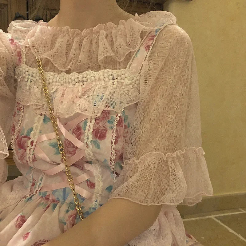Lunivop  Japanese Lolita Style Summer Women Cute Shirt Ruffled Collar White Black Pink Hollow Out Mesh Blouse Kawaii Floral Lace Crop Top