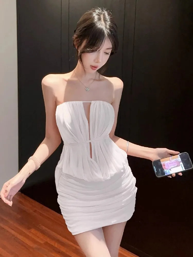Lunivop  Woman Dress Sexy Sleeveless Hollow Out Bandage Slim Summer Fashion Solid Ruched Party Mini Dresses Elegant Female