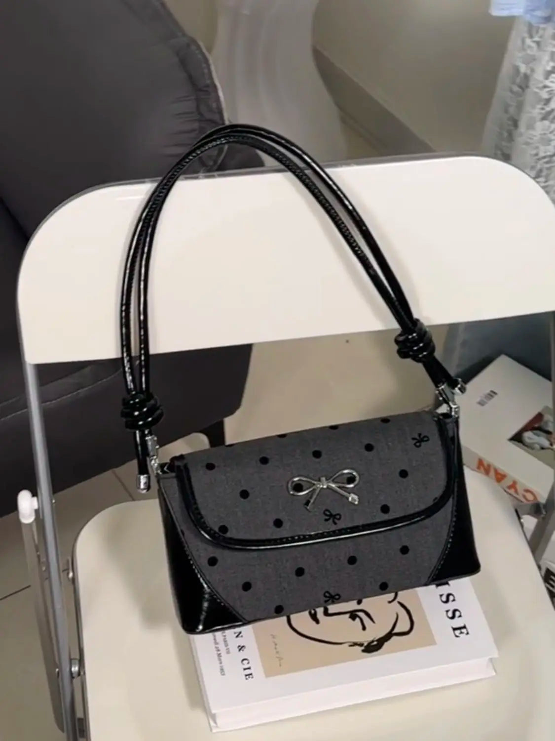 Lunivop Sweet Cool Bow Black Underarm Bag Purse Women Fairycore Aesthetic Dot Y2k Shoulder Bags Ladies Harajuku Square Handbag