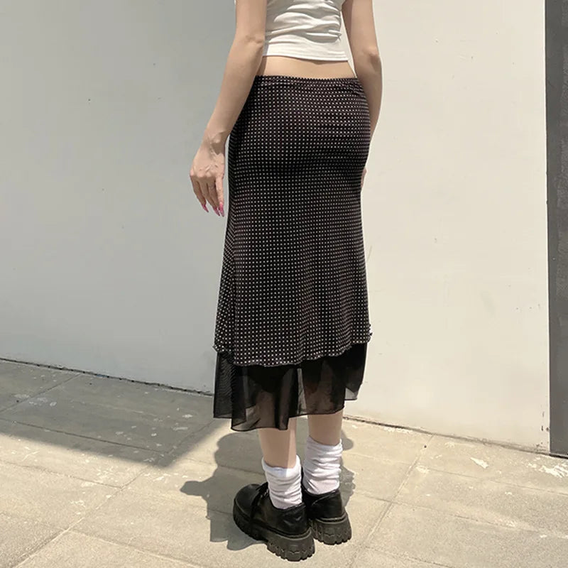 Lunivop Polka Dot Double-layer Mesh Skirts for Woman Summer Clothes Low Rise Long Black Skirt Y2k 2000s