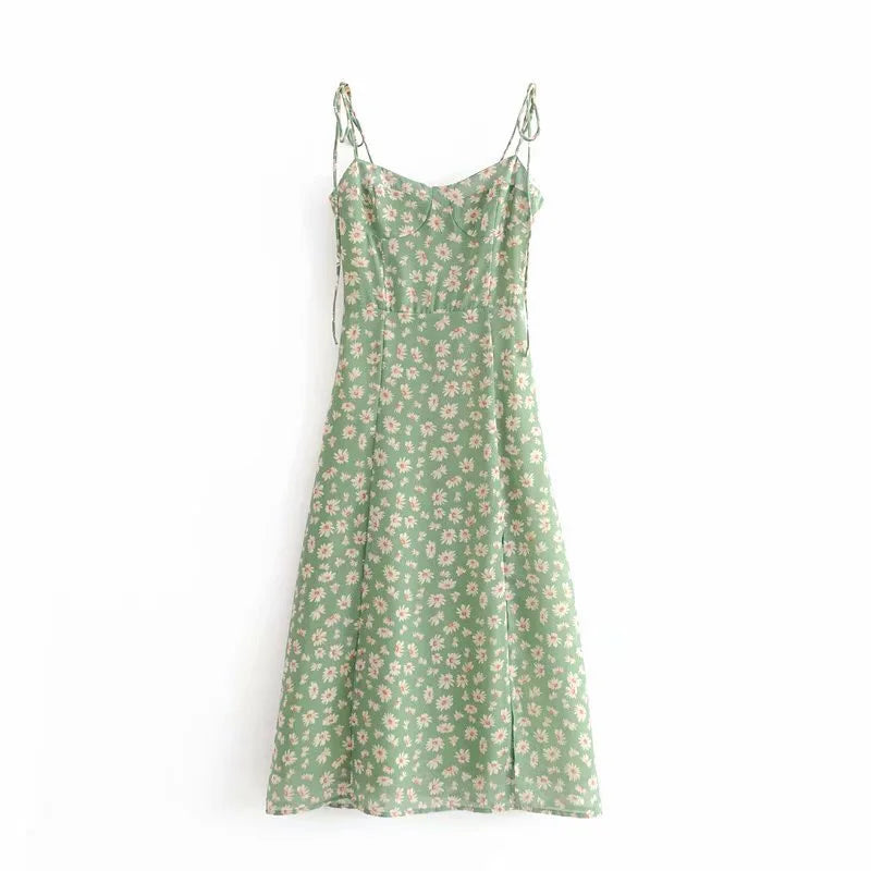 Lunivop  French Summer Green Flower Print Bandage Spaghetti Strap Slit Long Dress Retro Sexy Women Lacing Up Sling Dresses Vestido