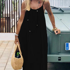 Lunivop  BKLD Beach Holiday Style Female Casual Open Back Comfort Tank Dress Sexy Solid Color Loose Lace Up Shirring Straps Pleated Dress