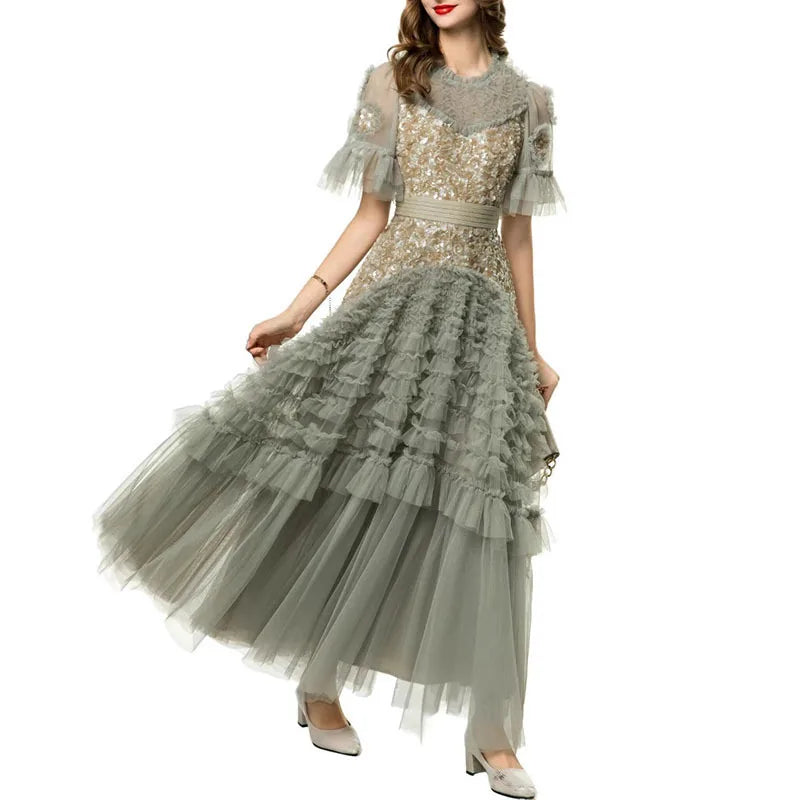 Lunivop Fashion Women Dress Short Sleeve Round Neck Lotus Leaf Edge Lace Splicing Sequins Female Party Dress New Tide
