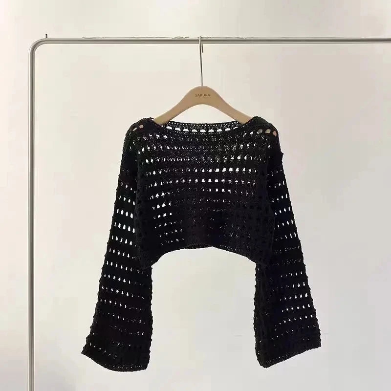 Lunivop Long Sleeve Crochet Knit Top Summer Beach Bikini Cover Up Crop Pullover Wool Knitwear Blouse Women Vacation Boho Outfit
