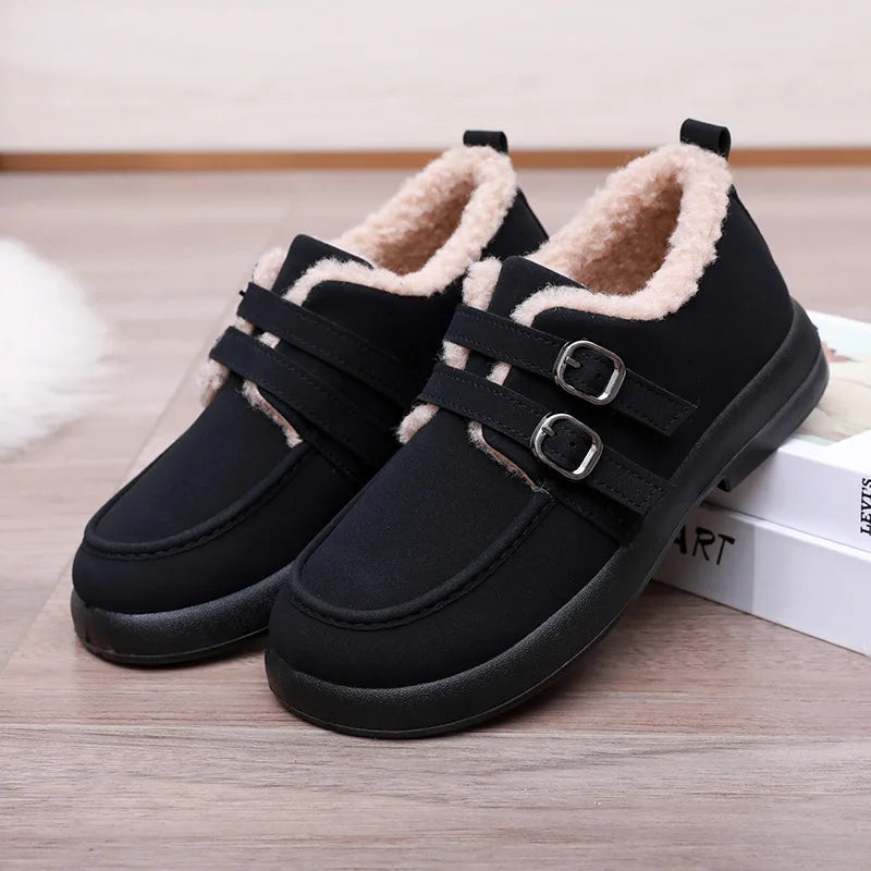 Lunivop Autumn Winter Casual Flat Shoes for Women Moccasins Soft Loafers Fashion Buckle Warm Plush Slip on Female Cotton Shoes