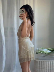 Lunivop  Deep V-neck Sequin Sleeveless Women Dress With Exposed Back Slim Waist Fish Tail Long Dresses Summer Beach Party Robe