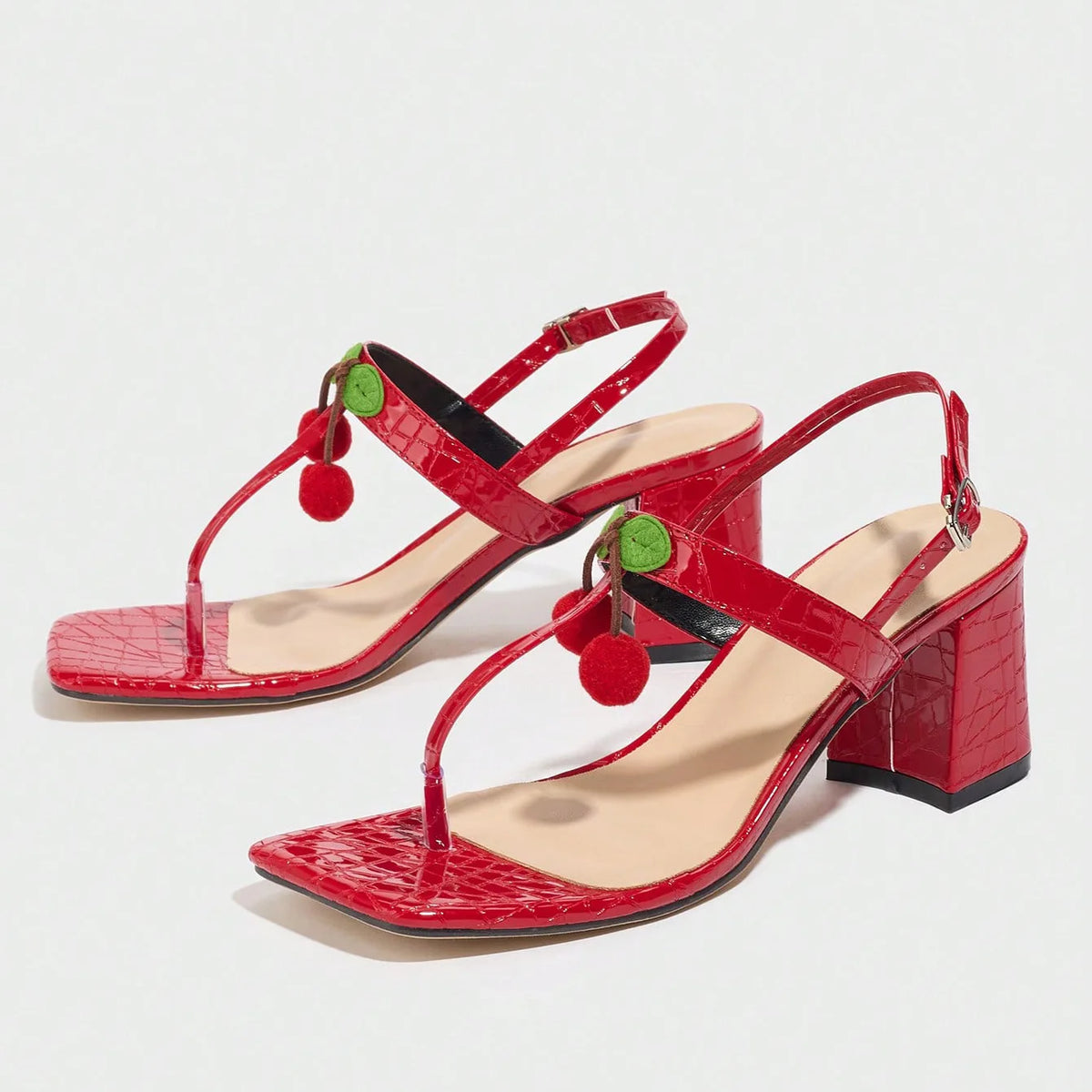 Lunivop  Sexy Large Size Cherry Patterned High Heel Sandals Wine Cup Heel Square Head Rubber Sole Comfortable Slip-On Shoes