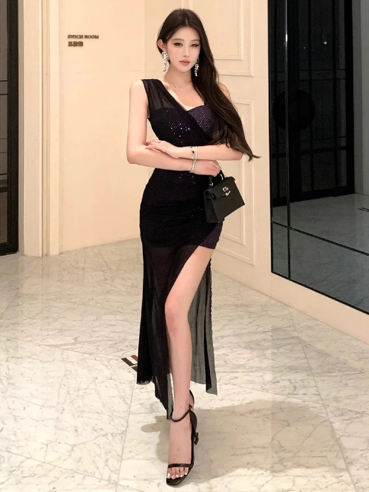 Lunivop  Sexy Dresses Women Strapless Sequins Patchwork Elegant Split Backless Vintage Elegant Party Dress Female Cocktail