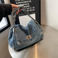 Lunivop  Harajuku Style Vintage Denim Tote Bag Women Casual Commute Large Capacity Shoulder Bag Ladies Versatile Chain Crossbody Bag