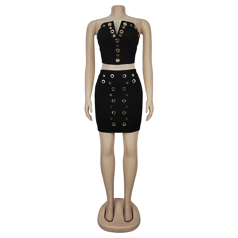 Lunivop  BKLD Metal Hole Hollowed Out Sexy 2-Piece Club Outfits For Women Strapless Low-cut Neck Tops+Wrapped Hip Skirts Fashion Clothing