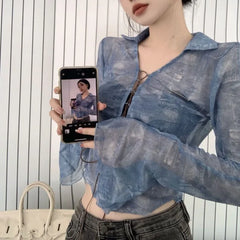 Lunivop  Summer New Slim Fit Lace Up Cardigans American Vintage Blue Lapel Neck Tops Women Y2k Grunge Long Sleeve Blusas Mujer