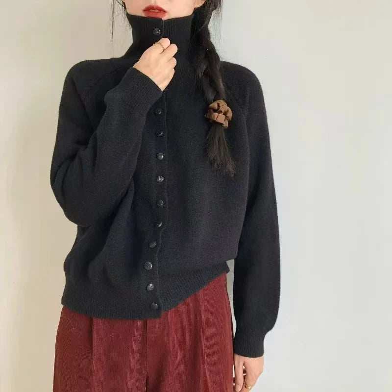 Lunivop High Neck Button Down Cardigan Women Long Sleeve Knitted Sweater Jacket Cozy Knitwear Teen-girl Fall Winter Basic Chic Knitwear