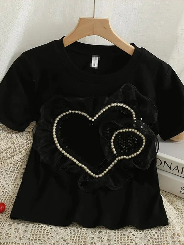 Lunivop  Sweet Love Cute T Shirt Women Casual Loose O Neck Mesh Patchwork Tees Vintage Kawaii Female Short Sleeve White Tops Summer