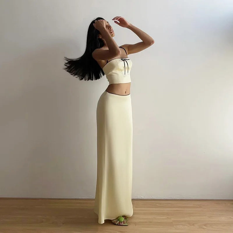 Lunivop Satin Sleeveless Bow Short Camis Crop Top Long Skirt Women'S Sets Summer Y2K Streetwear Elegant Evening Casual Clothes