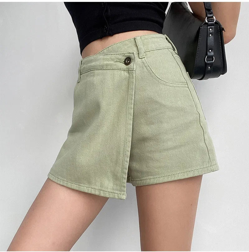 Lunivop Elegant Slimming High-waisted A- line Denim Shorts Women's Summer New 2023 Light Color Two-piece Illusion Design Slim Fit