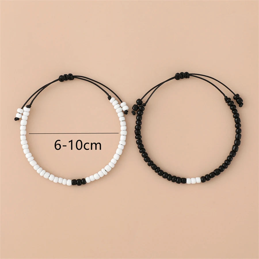 Lunivop 2Pcs/Set Trendy Simple Black White Color Blocking Beaded Bracelet for Women Vintage Handmade Woven Rope Chain Elegant Party Gift