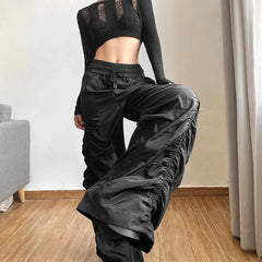 Lunivop Vintage High Waist Drawstring Black Casual Pants Women 2025 Spring New Streetwear Pleated Loose All Match Wide Leg Pants