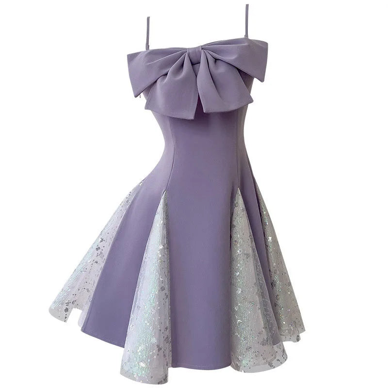 Lunivop  Fashion Women Dress Sleeveless Suspenders Bow Sequined Lace Splicing Female Party Dresses New Tide