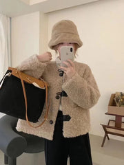 Lunivop Korean Winter Faux Lamb Coat Women Slim Long Sleeve Warm Sweet Jacket Preppy Style Casual O Neck Female Cute Solid Tops New