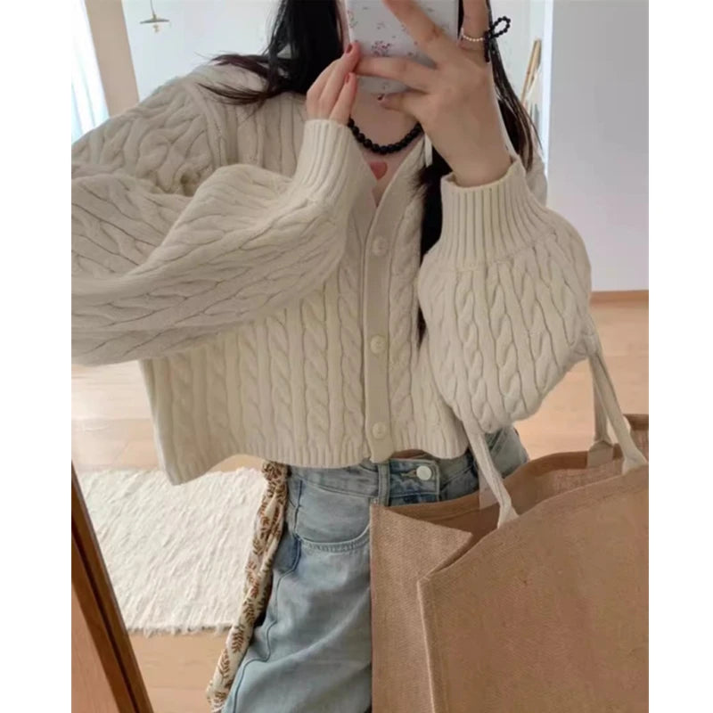 Lunivop Cozy Cable Knit Sweater Cardigan for Women V-neck Button Up Boxy Plain Crop Sweater Jacket Autumn Winter Teen-girl Y2k Outfit