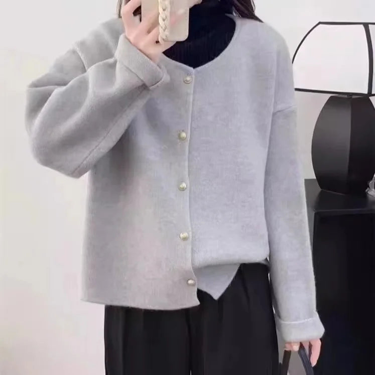 Lunivop Women Sweater Cardigan Polished Gold Button Up Soft Knitted Long Sleeve Sweater Jacket Top Fall Winter Korean Ladies Chic Outfit