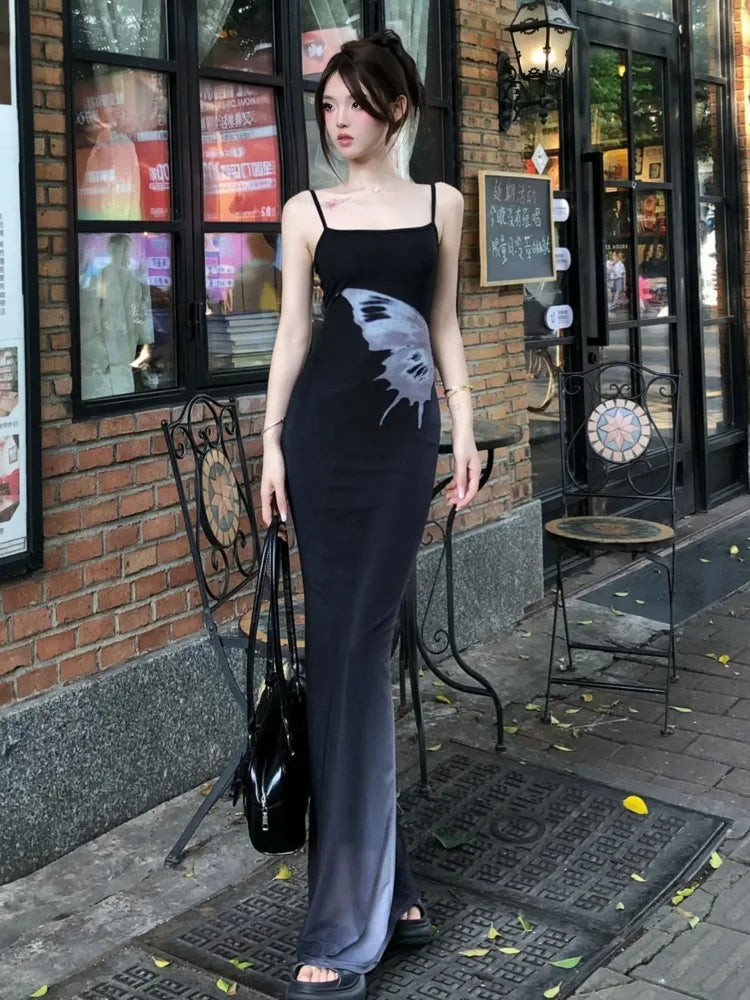 Lunivop  Y2k Butterfly Print Mesh Camisole Dress for Women Sexy Slim Waist Bodycon Dresses 2025 Summer New Black Vestidos Mujer