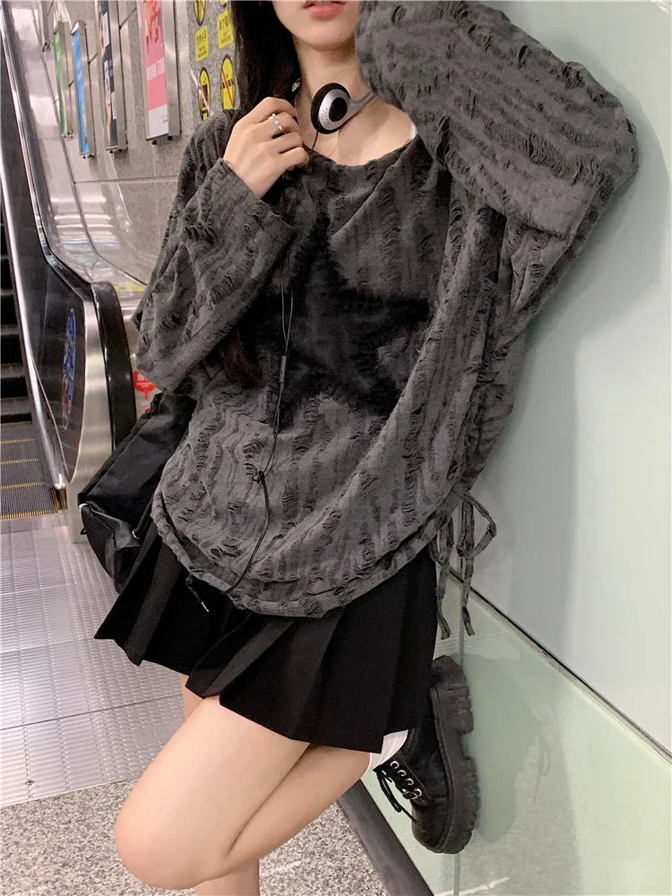 Lunivop Streetwear Drawstring Pleated Loose Long-sleeved T-shirt Women Autumn New O-Neck Star Stitching Distressed Casual Tops