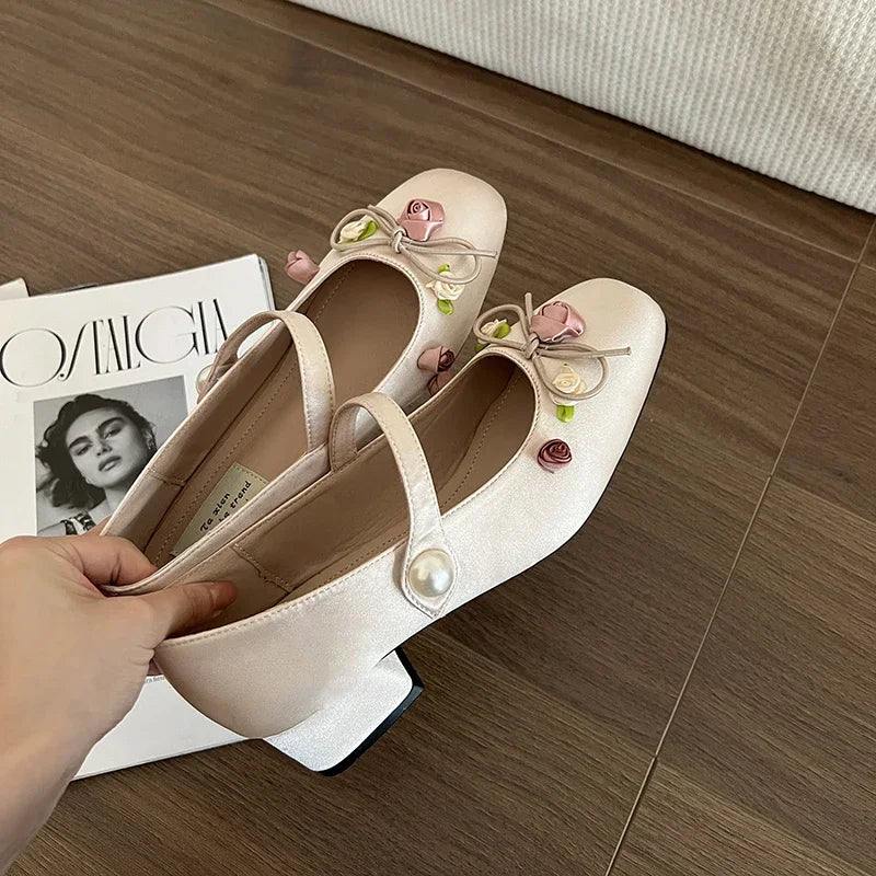 Lunivop Medium Heeled Mary Jane Single Shoes New Women Shoes Fashion Elegant Flower Bow Pumps Square Toe Thick Heeled Ballet Shoes