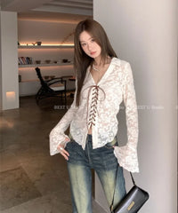 Lunivop  Hollow Out Mesh V-neck Lace Up Shirts Women Y2k E-Girl Slim Fit Long Sleeve Blouses 2025 Spring New Black Blusas De Mujer